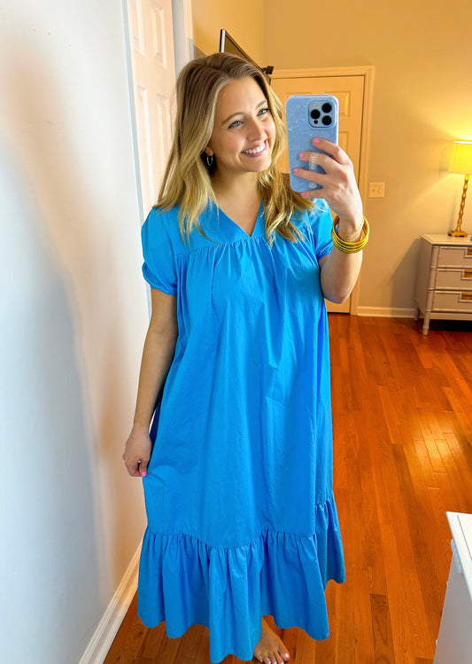 Blue Poplin Midi Dress